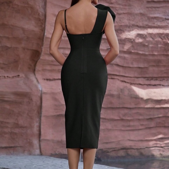 Luxe black floral detail party formal evening bodycon dress gown - Picture 3 of 4